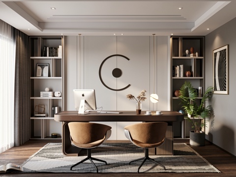 现代书房 办公室 经理室 书桌 脚蹬 办公椅 电脑 书柜 台su模型