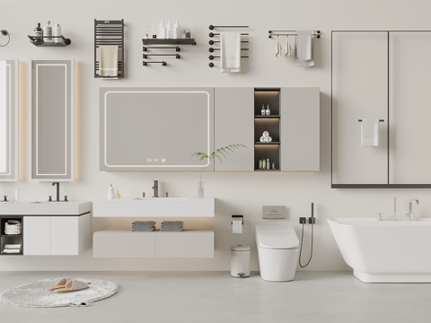  现代卫浴小件 毛巾架 浴缸 浴室柜 化妆镜 马桶卫浴花洒3d模型 