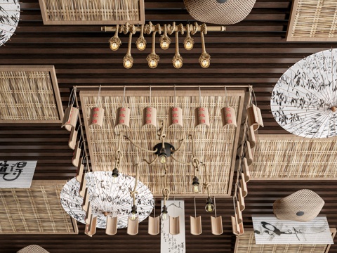 现代民俗文化吊顶 乡村展厅吊顶su模型