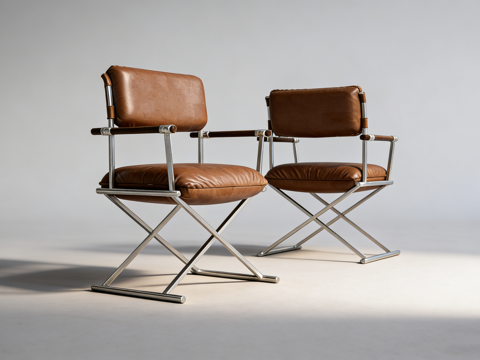 意式棕色皮革扶手椅 金属交叉腿 木质扶手 客厅书房  金属框su模型