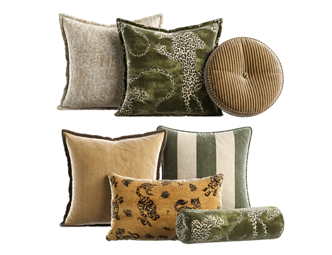  轻奢复古丝绒抱枕 新中式条纹靠枕 圆形枕头靠垫su模型 