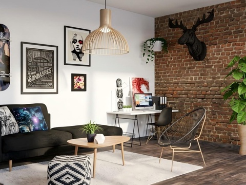 工业风混搭现代简约客厅su模型