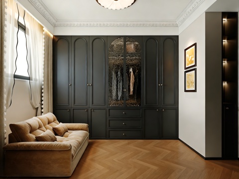  法式复古衣帽间 衣柜 吸顶灯 装饰画3d模型 