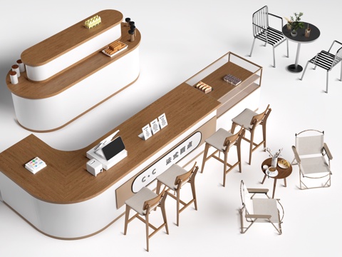  现代咖啡吧台 收银台 奶茶店收银台 奶茶店桌椅su模型 