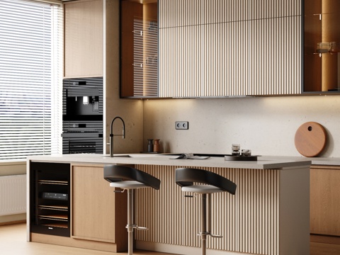  现代开放式厨房 吧台吧椅 原木风开放式厨房3d模型 