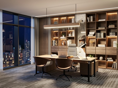 现代总经理办公室 书桌椅 书架  独立办公室su模型