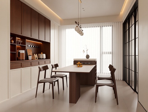  中古风家居餐厅 餐桌椅组合 酒柜 吊灯 摆件 冰箱 电器3d模型 