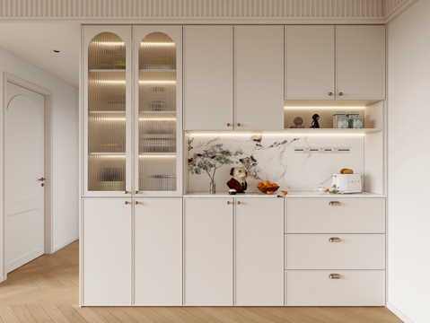 法式奶油风餐边柜 酒柜餐边柜 餐厅餐边柜 长虹玻璃门餐边柜su模型