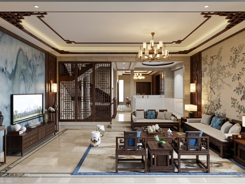 新中式客餐厅su模型