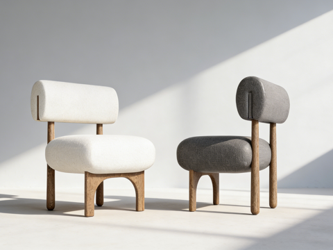 北欧风布艺休闲椅 现代简约 弧形木腿 设计师款单椅 客厅书房su模型