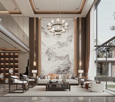  新中式复式别墅客厅3d模型 