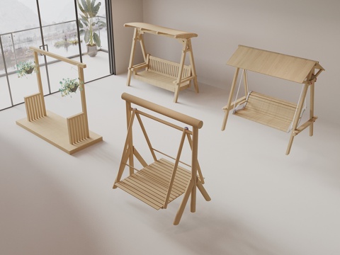  原木风秋千椅 户外秋千 休闲椅 庭院休闲椅3d模型 