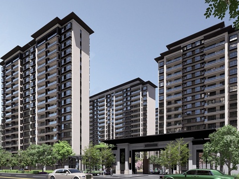 新中式高层住宅  小区住宅建筑 高端住宅楼su模型