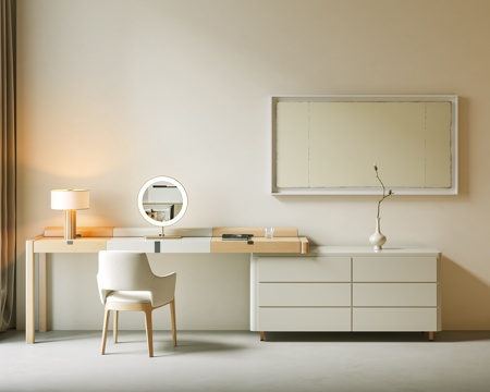  现代 梳妆台 奶油梳妆台 妆凳 化妆品组合 单椅 简略装饰画su模型 