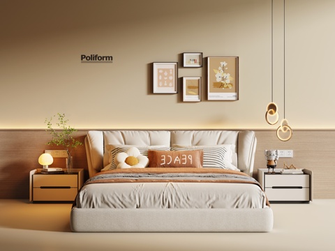 现代奶油风卧室 奶油风双人床 布艺双人床su模型