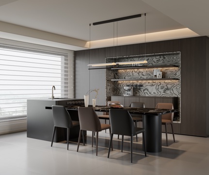 现代意式餐厅 岛台餐桌椅 吊灯 餐边柜 酒柜3d模型