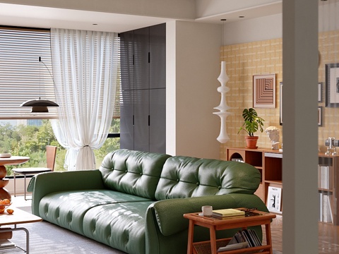  现代中古风奶油风真皮沙发双人沙发家具客厅边几吊灯落地灯3d模型 