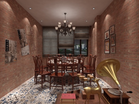 其他混搭老上海龙虾馆包厢 吊灯 餐桌椅 沙发茶几3d模型