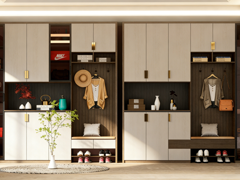 现代简约墙面挂衣区 挂钩板 玄关衣柜 装饰藤编草帽 墙面挂件su模型