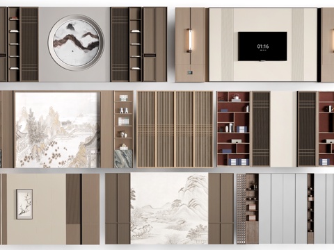 新中式餐厅背景墙 包厢背景墙 客厅背景墙su模型