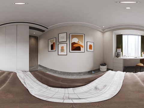  现代卧室全景  挂画 吊灯 装饰柜 