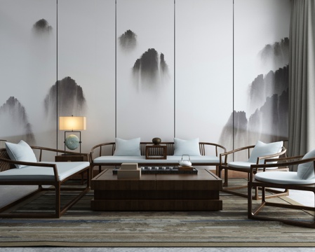 新中式沙发茶几吊灯组合3d模型