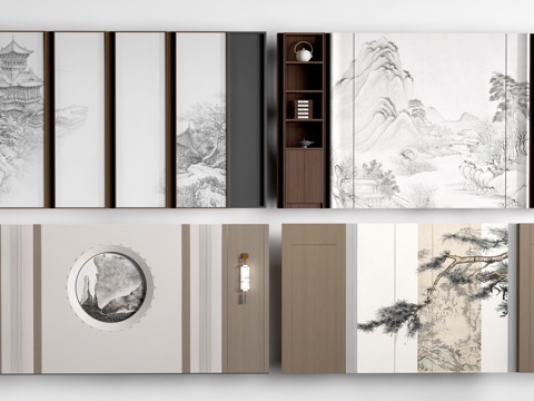 新中式餐厅背景墙 包厢背景墙 客厅背景墙su模型