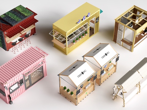 现代外摆摊位 售卖亭 售货摊位 小吃摊su模型