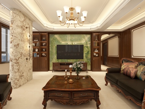  美式客厅 影视墙 吊灯 双人沙发 单人沙发 装饰柜3d模型 