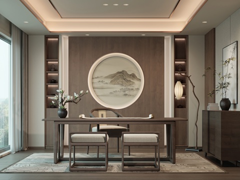 新中式书房su模型