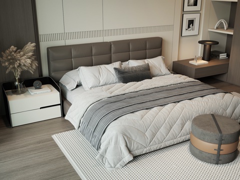  现代双人床su模型 