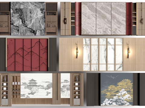 新中式餐厅背景墙 包厢背景墙 客厅背景墙su模型