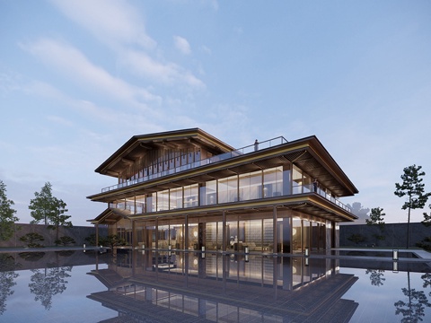 新中式售楼处建筑 售楼部建筑su模型