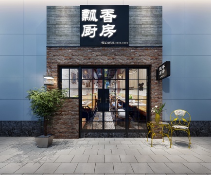  工业风火锅店门头3d模型 