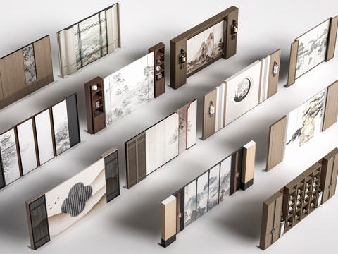 新中式餐厅背景墙 包厢背景墙 客厅背景墙su模型