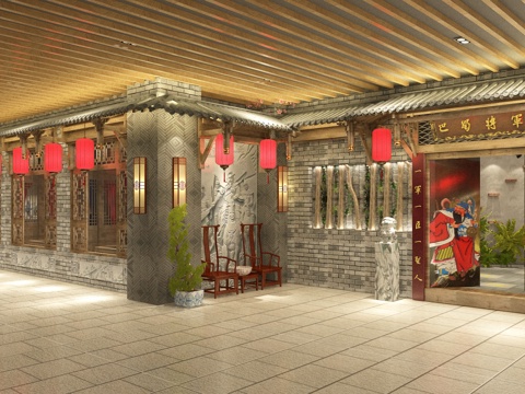 禅意中式火锅店 门头 餐桌椅 吊灯3d模型
