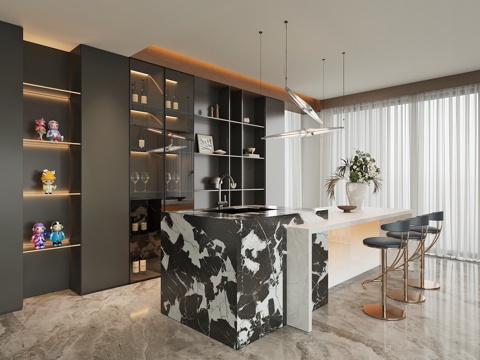 现代餐厅餐边柜餐桌椅su模型