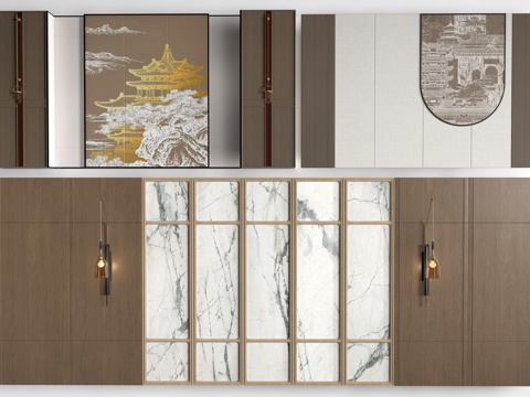 新中式餐厅背景墙 包厢背景墙 客厅背景墙su模型