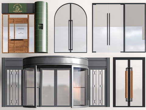 现代商铺玻璃门 玻璃双开门 商业街玻璃门 奶茶店玻璃门 咖啡su模型