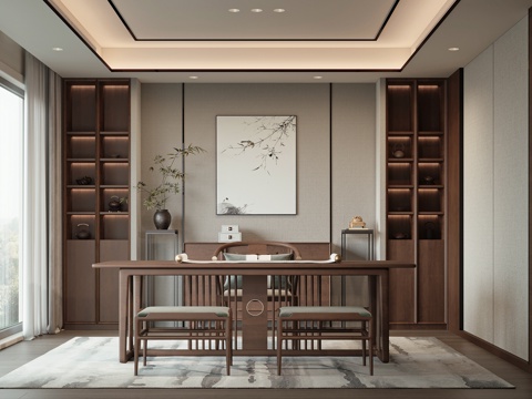  新中式茶室书房3d模型 