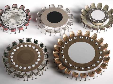  现代圆形餐桌椅 包厢桌椅 包间餐桌su模型 