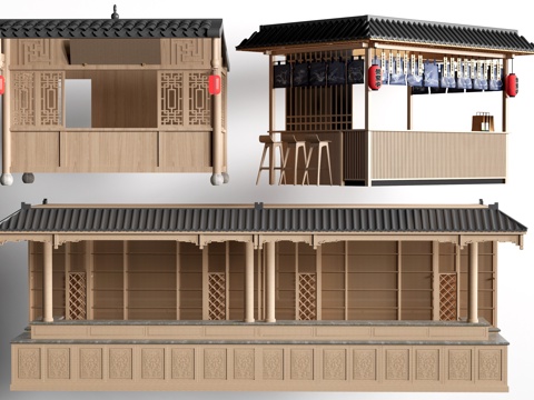 现代外摆摊位 售卖亭 售货摊位 小吃摊su模型