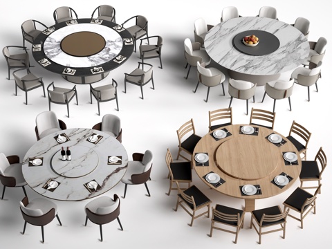  现代圆形餐桌椅 包厢桌椅 包间餐桌su模型 