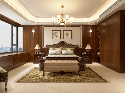  美式卧室 主卧 欧式卧室   家居卧室 衣柜  吊灯 双人床3d模型 