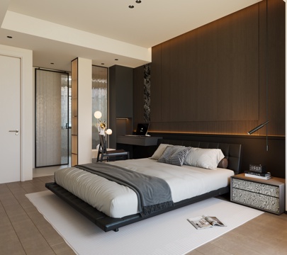  现代意式卧室 皮质双人床 床头柜 吊灯 床头书桌 卧室玄关3d模型 