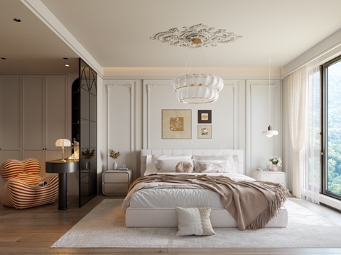  法式卧室 法式奶油风儿童房 法式奶油风卧室 法式衣帽间梳妆台3d模型 