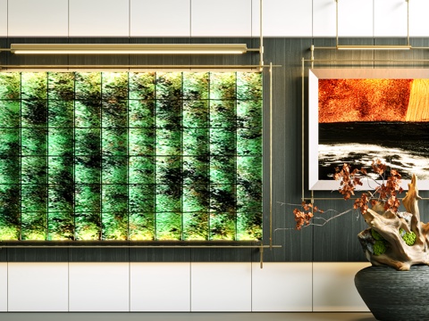  现代装饰画 挂画 中古风装饰画 复古高级画 壁灯 花瓶花艺su模型 