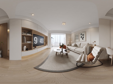  现代原木客餐厅全景 客厅 餐厅 挂画 吊灯 装饰柜 