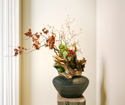 花瓶 中古花艺盆景 陶罐花瓶 干枝花艺 装饰摆件 花 现代花su模型