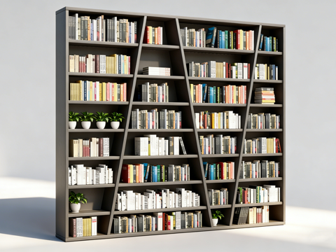 现代简约深灰色几何造型书架 整墙书柜 客厅书房隔断 仿真绿植su模型